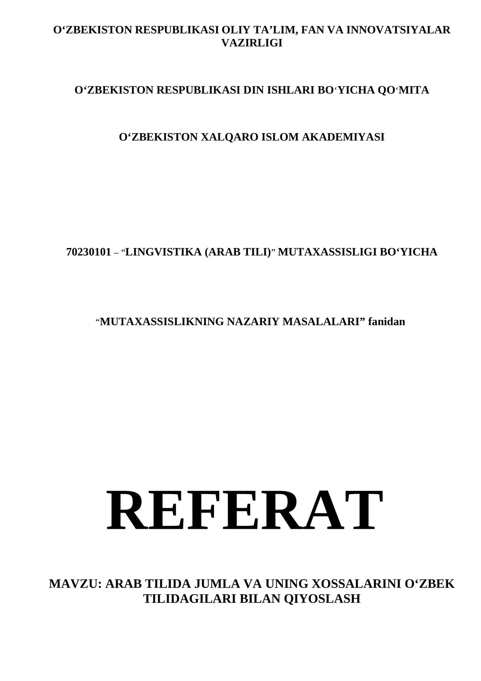 REFERAT Arab tilida jumla va uning xossalarini o'zbek tilidagilari bilan qiyoslash