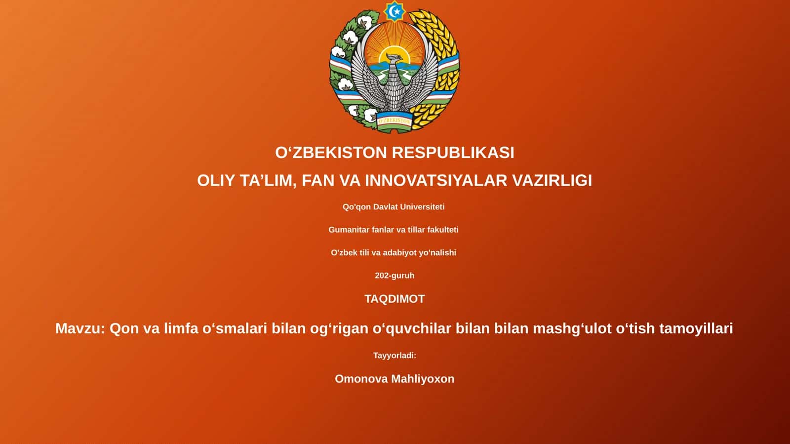 Qon va limfa oʻsmalari bilan ogʻrigan oʻquvchilar bilan mashgʻulot oʻtish tamoyillari
