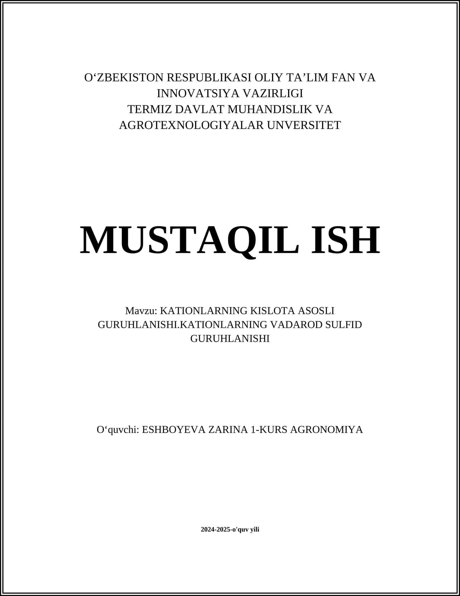 KATIONLARNING KISLOTA ASOSLI GURUHLANISHI.KATIONLARNING VADAROD SULFID GURUHLANISHI