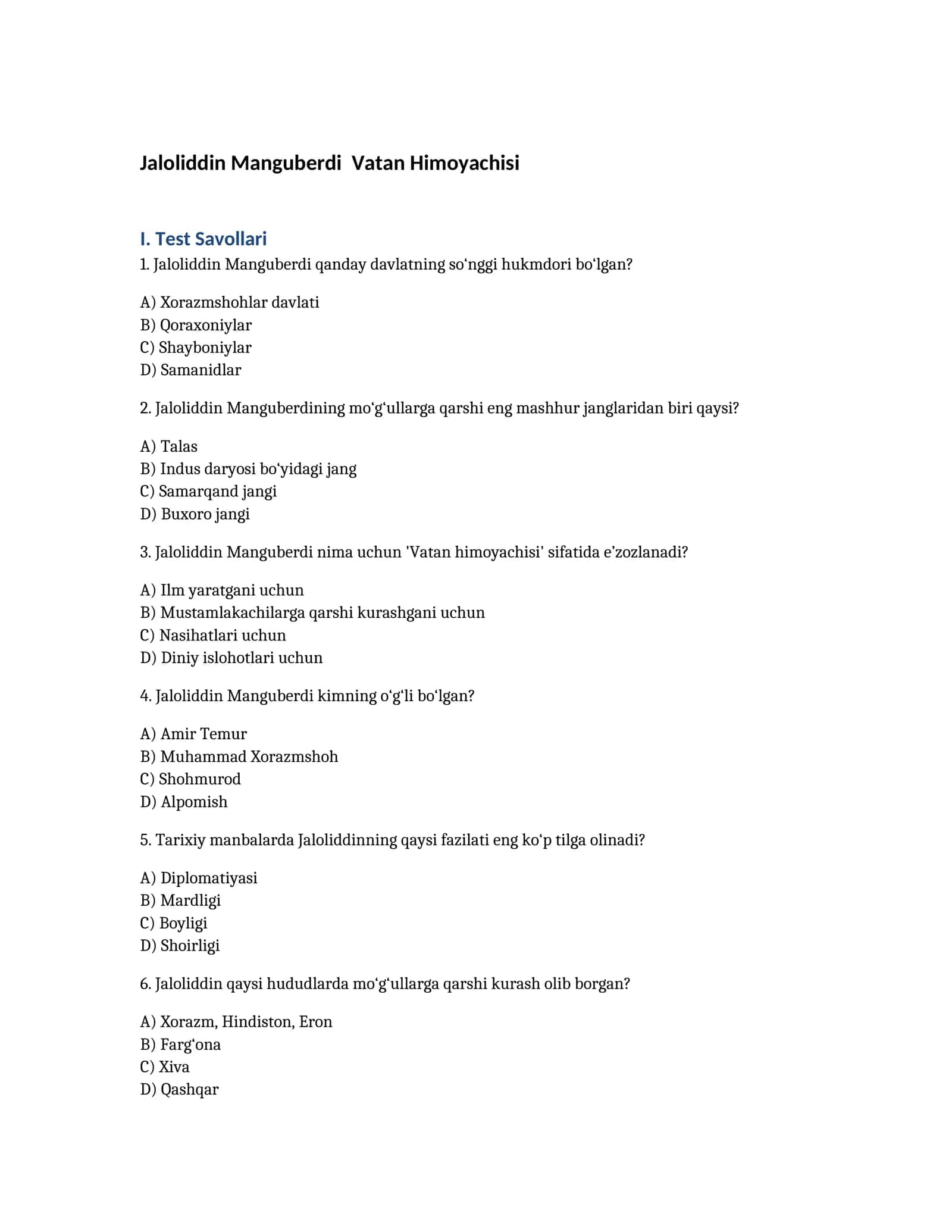Jaloliddin Manguberdi Vatan Himoyachisi Test Savollari