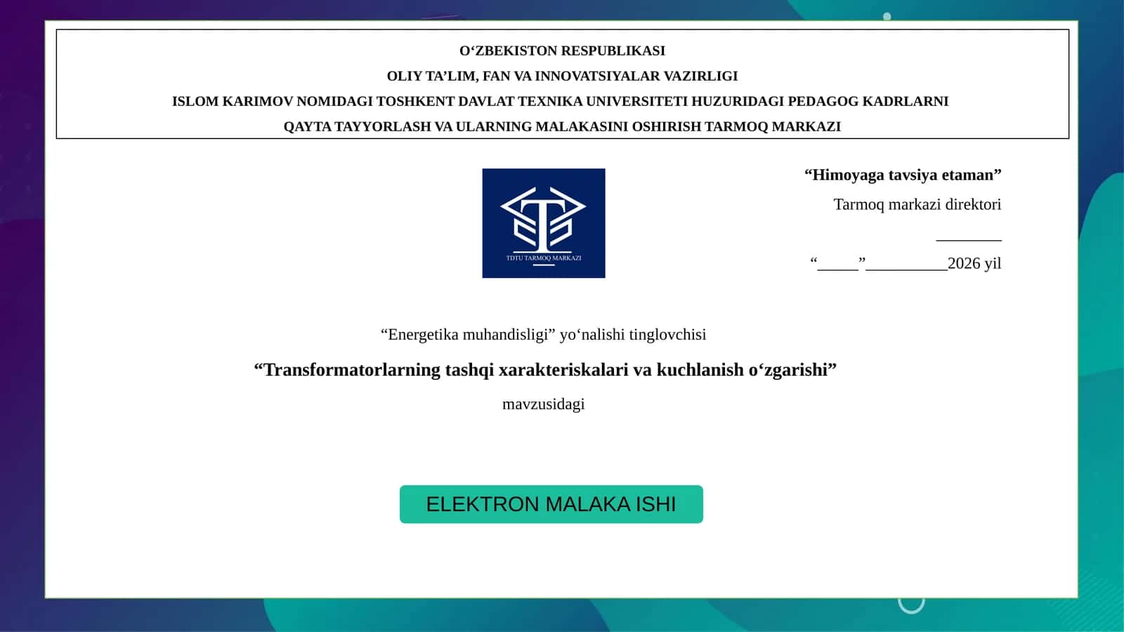 Transformatorlarning tashqi xarakteriskalari va kuchlanish o‘zgarishi