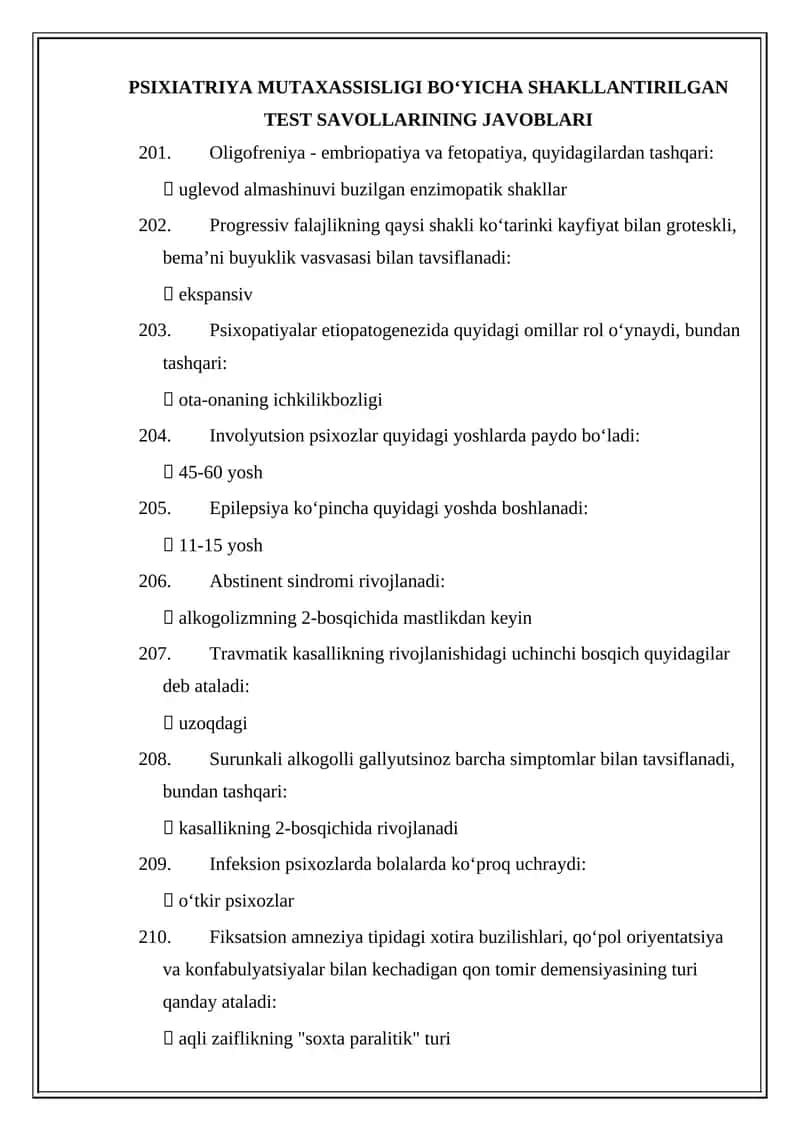 PSIXIATRIYA MUTAXASSISLIGI BOʻYICHA SHAKLLANTIRILGAN TEST SAVOLLARINING JAVOBLARI