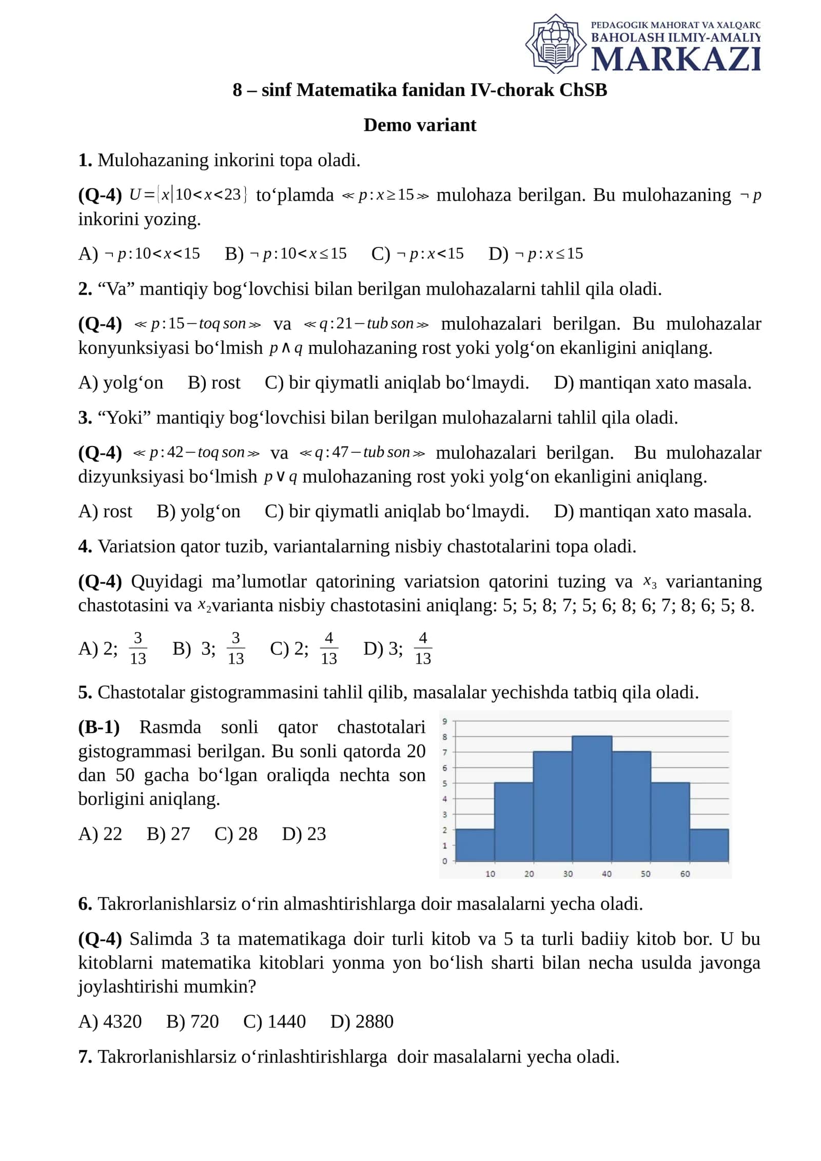 8 – sinf Matematika fanidan IV-chorak ChSB
