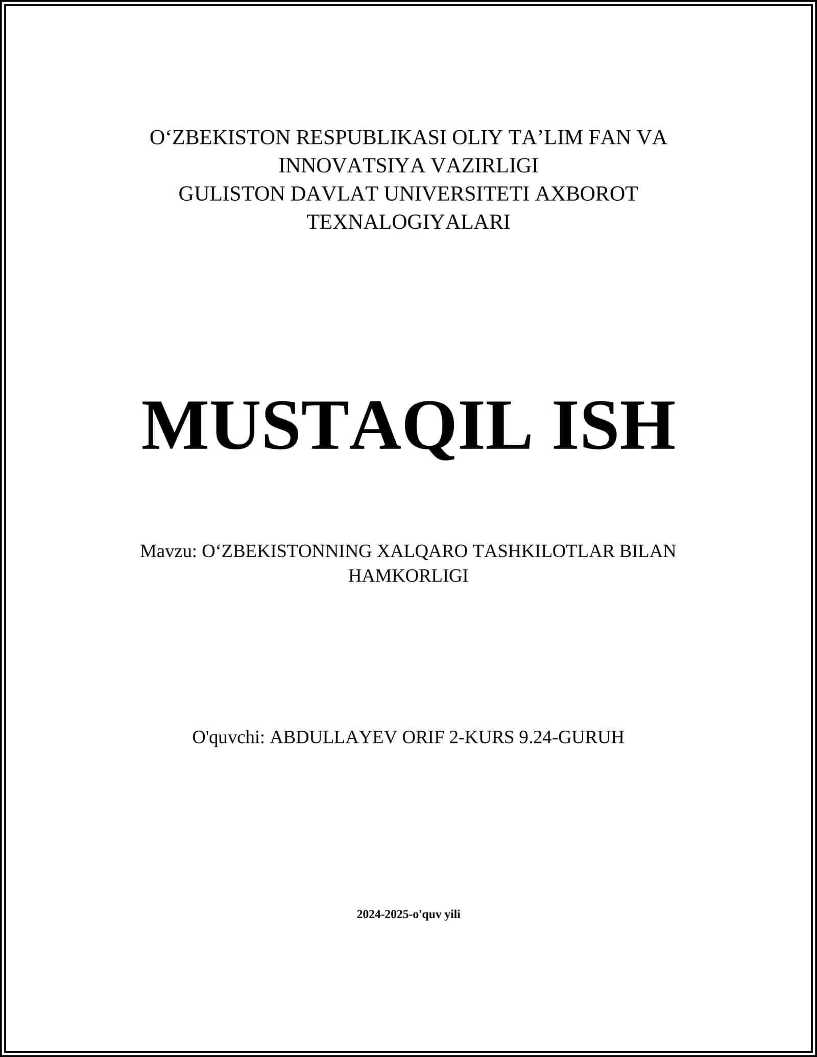 OʻZBEKISTONNING XALQARO TASHKILOTLAR BILAN HAMKORLIGI