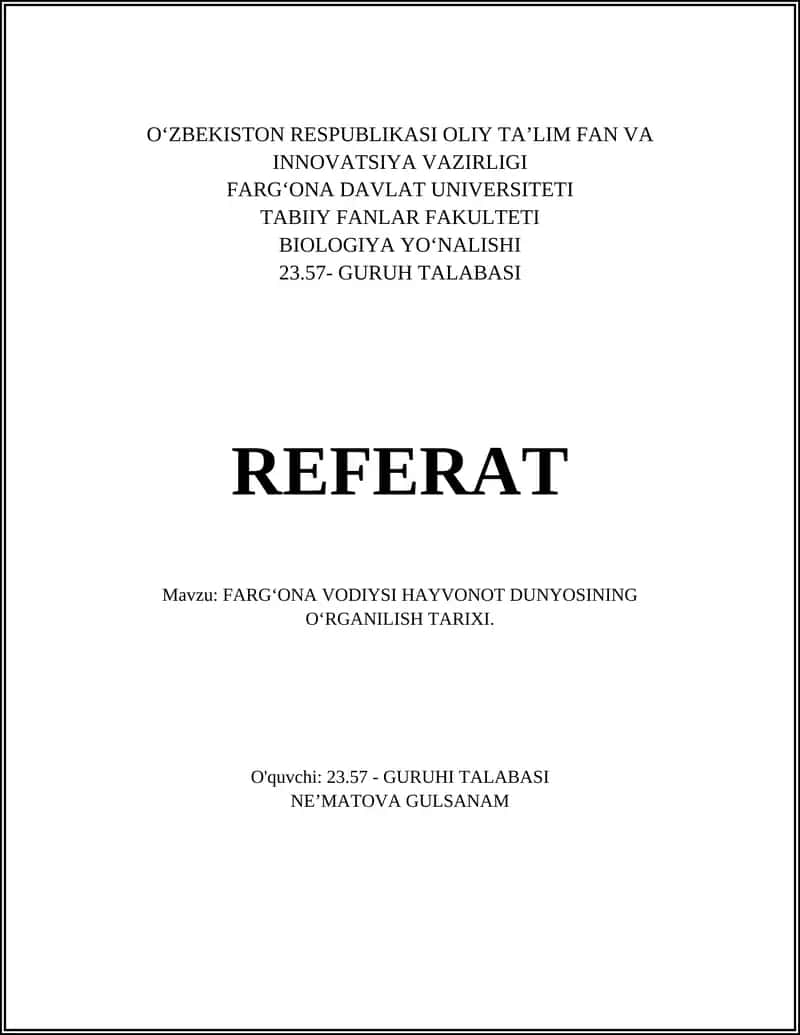 FARGʻONA VODIYSI HAYVONOT DUNYOSINING OʻRGANILISH TARIXI