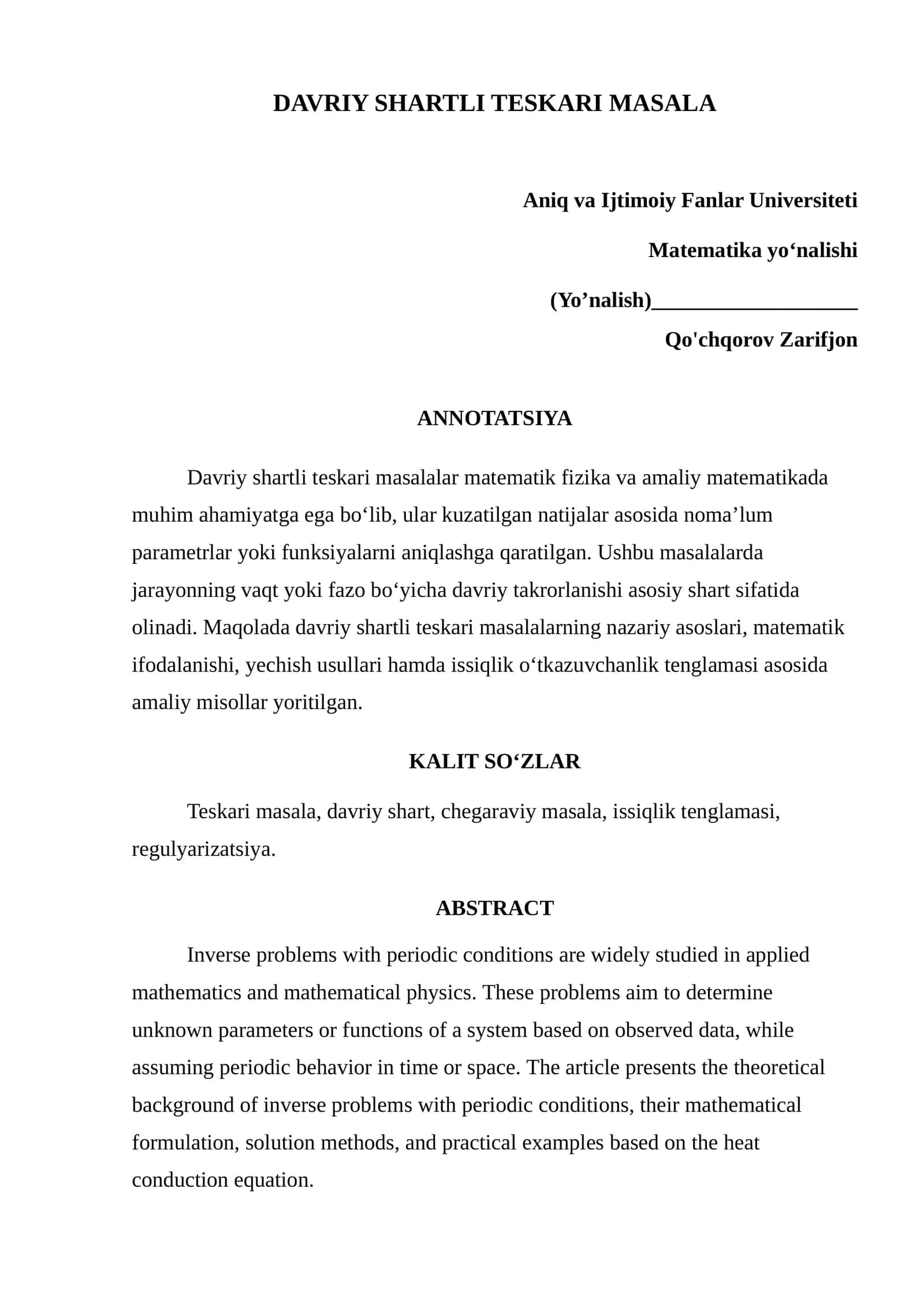 DAVRIY SHARTLI TESKARI MASALA