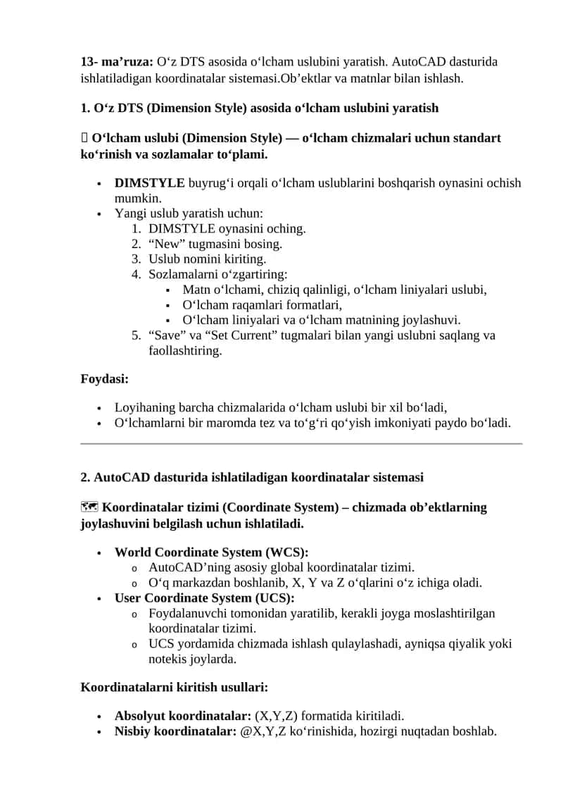 O‘z DTS (Dimension Style) asosida o‘lcham uslubini yaratish