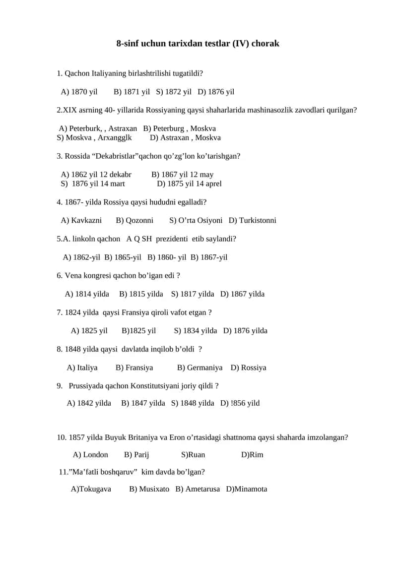 8-sinf uchun tarixdan testlar (IV) chorak