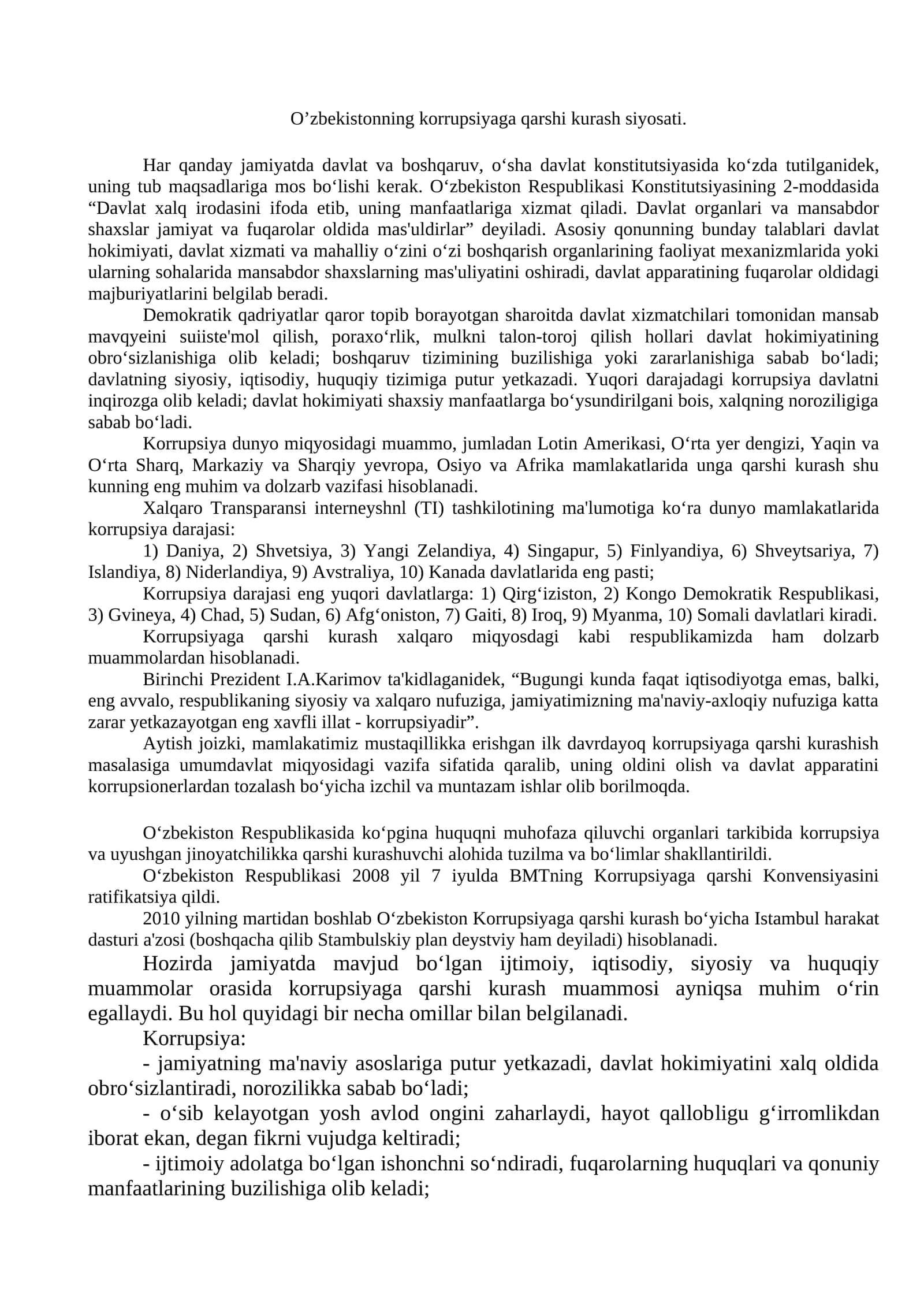 O'zbekistonning korrupsiyaga qarshi kurash siyosati