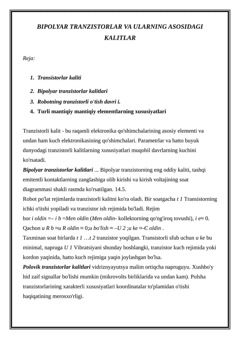 Bipolyar tranzistorlar va ularning asosidagi kalitlar