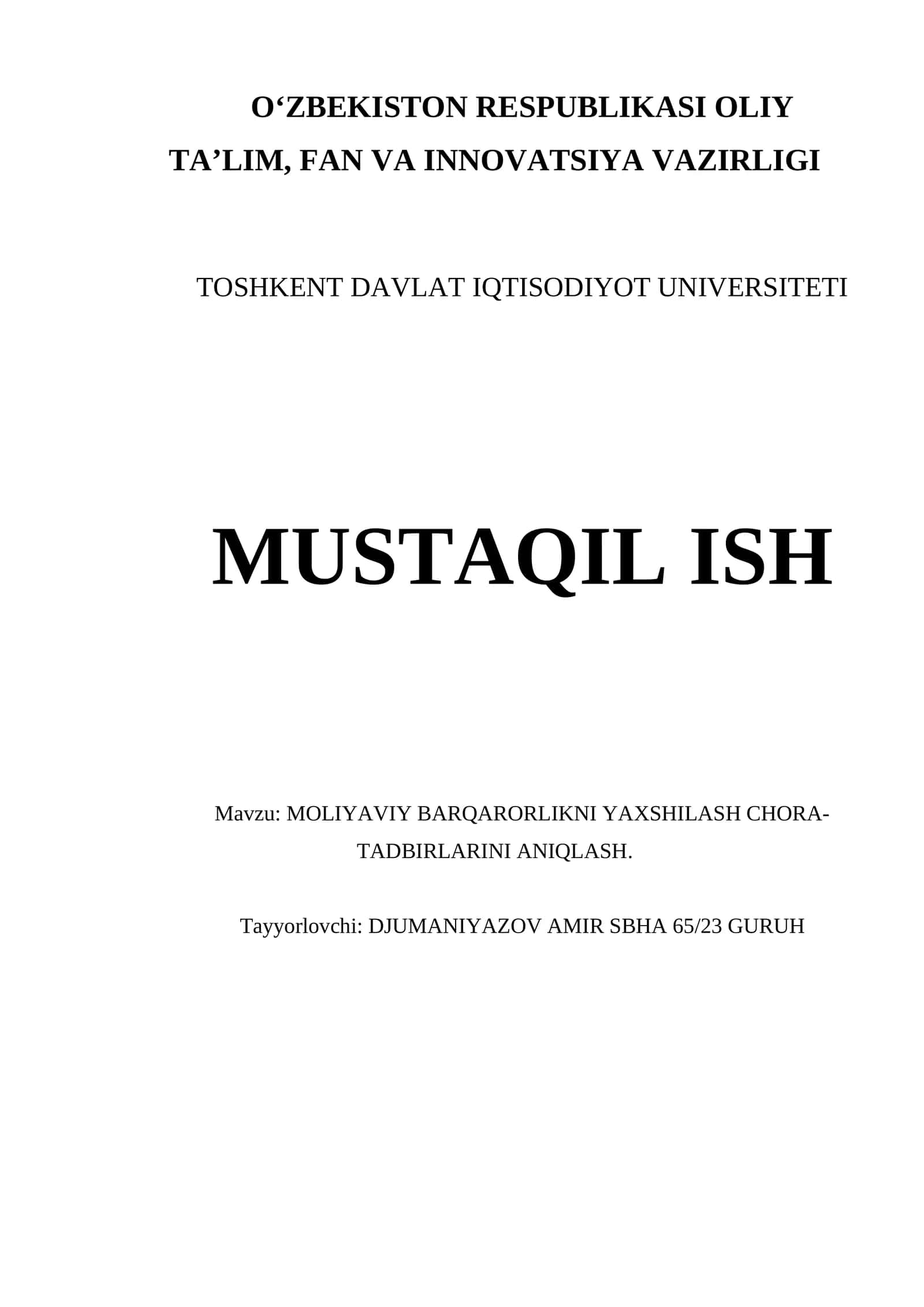 Moliyaviy barqarorlikni yaxshilash chora-tadbirlarini aniqlash