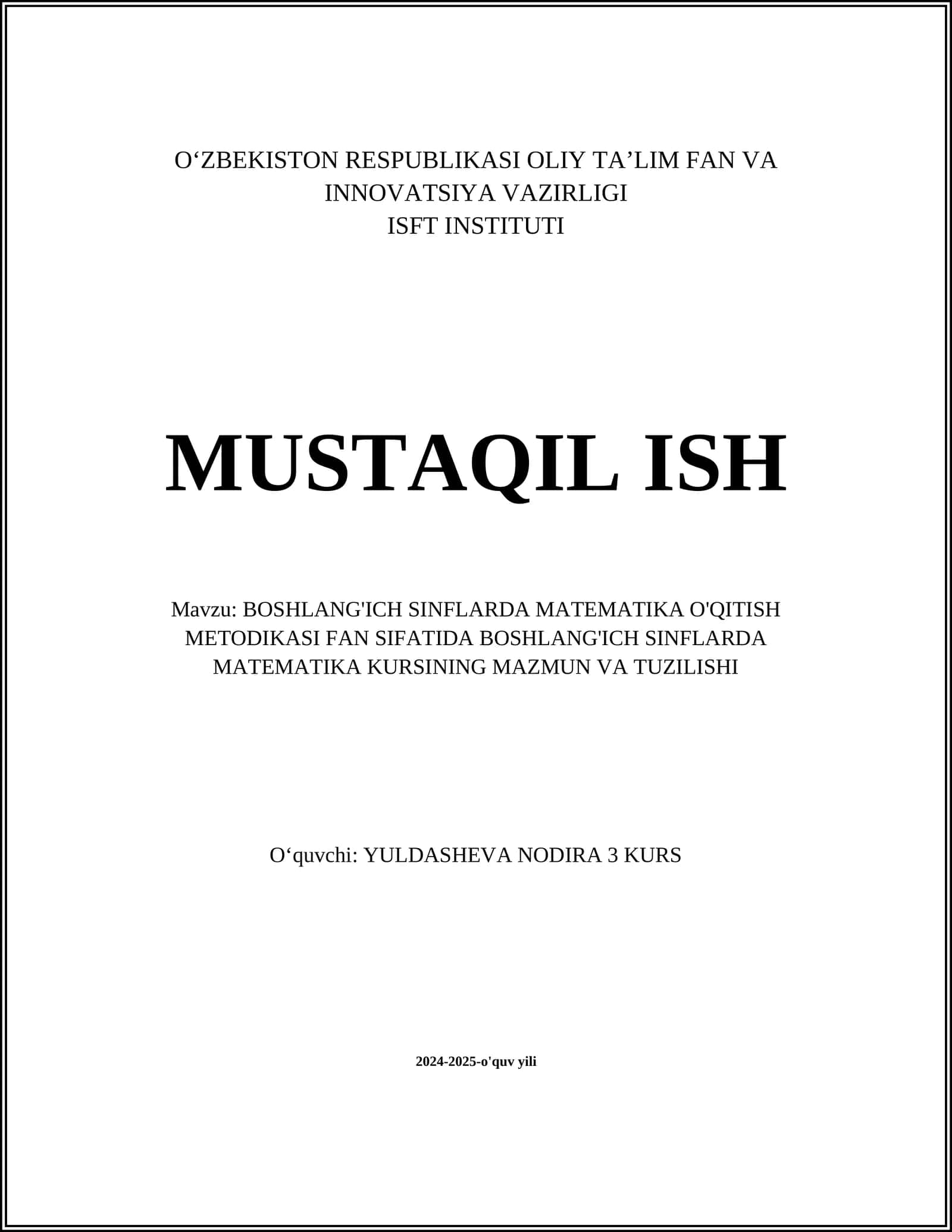 BOSHLANG'ICH SINFLARDA MATEMATIKA O'QITISH METODIKASI
