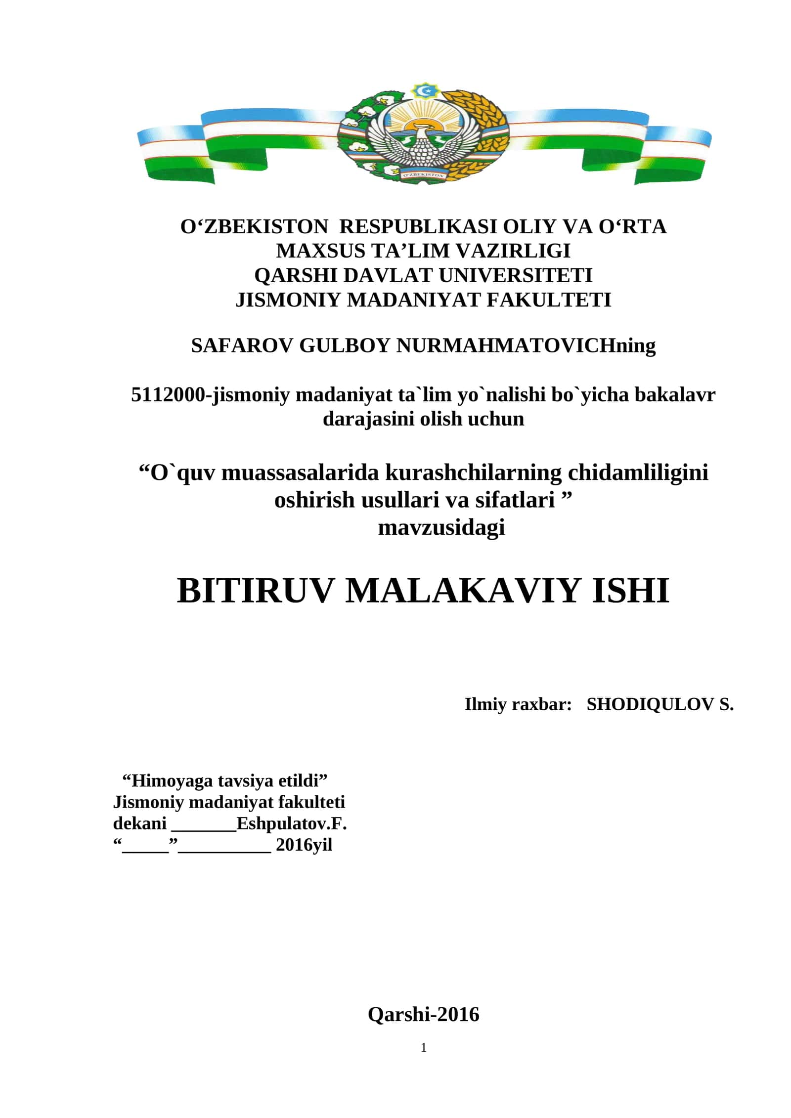 “O`quv muassasalarida kurashchilarning chidamliligini oshirish usullari va sifatlari ”