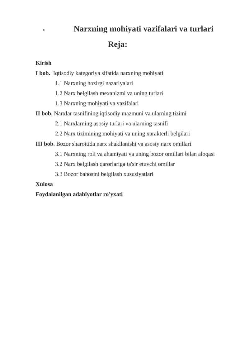 Narxning mohiyati vazifalari va turlari