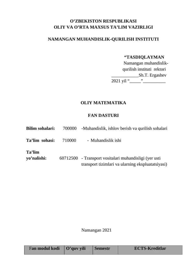 OLIY MATEMATIKA FAN DASTURI
