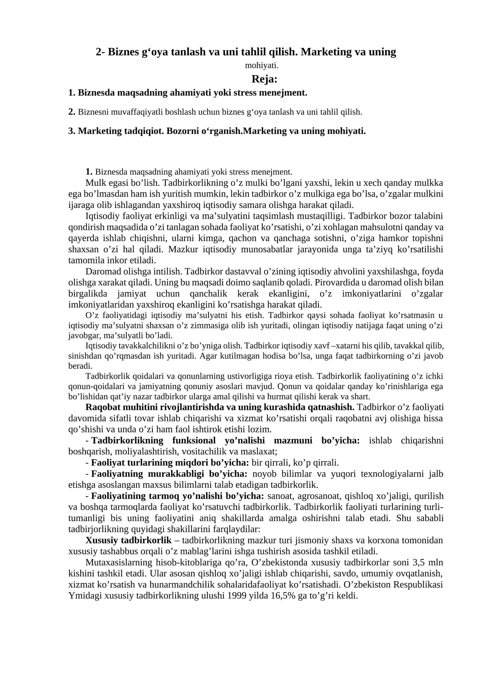 Biznes g‘oya tanlash va uni tahlil qilish. Marketing va uning mohiyati