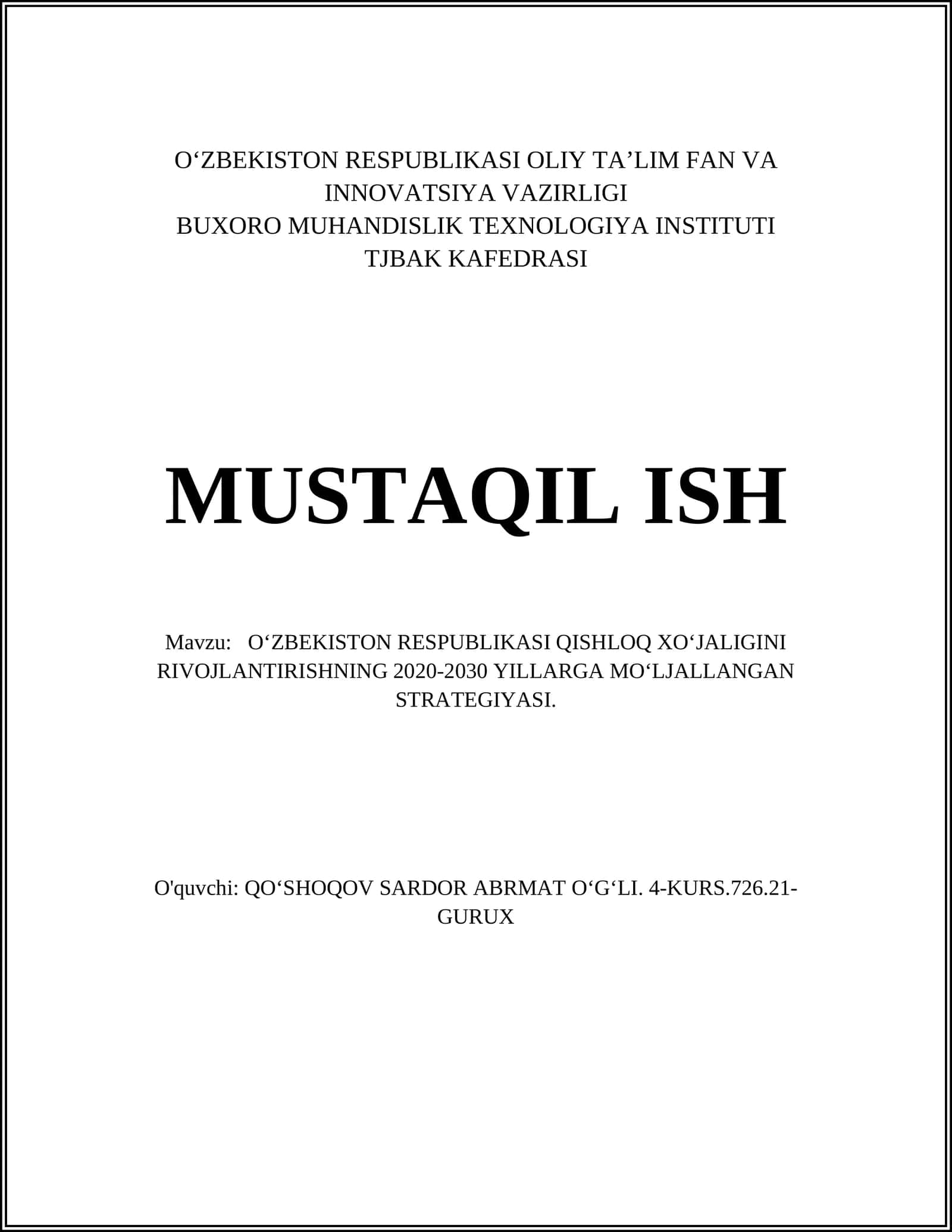 O‘ZBEKISTON RESPUBLIKASI QISHLOQ XO‘JALIGINI MODERNIZATSIYA QILISH