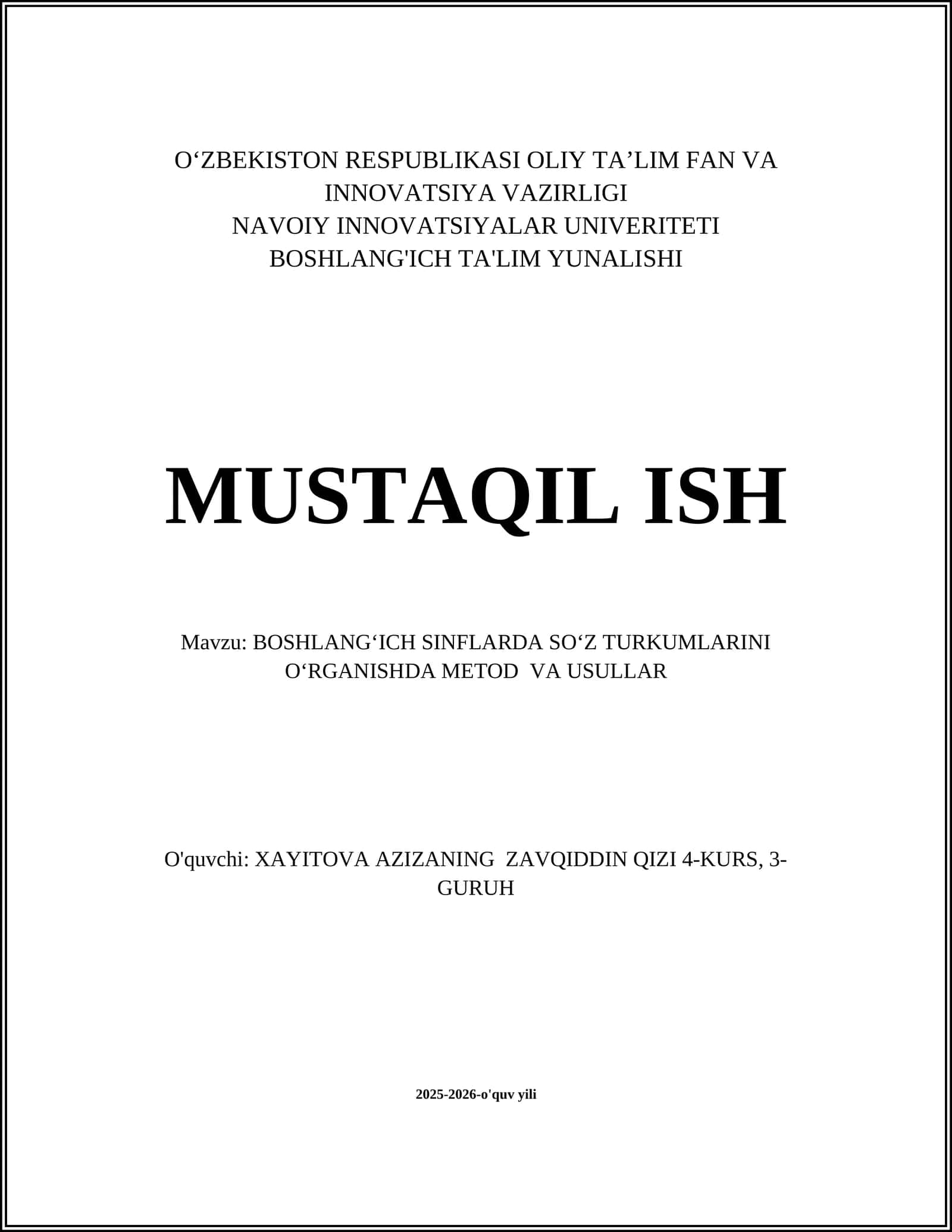 Boshlangʻich sinflarda soʻz turkumlarini oʻrganishda metod va usullar