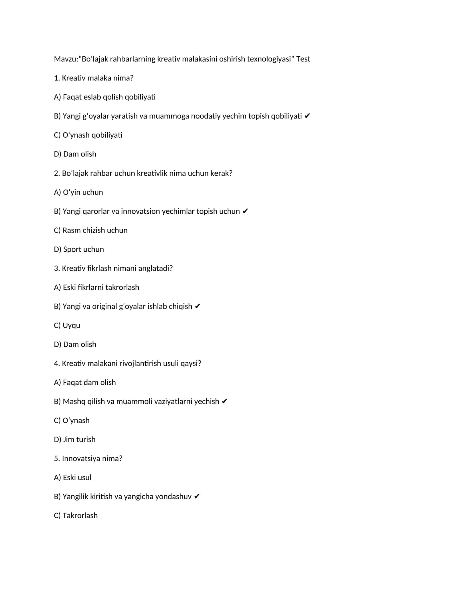 Bo‘lajak rahbarlarning kreativ malakasini oshirish texnologiyasi