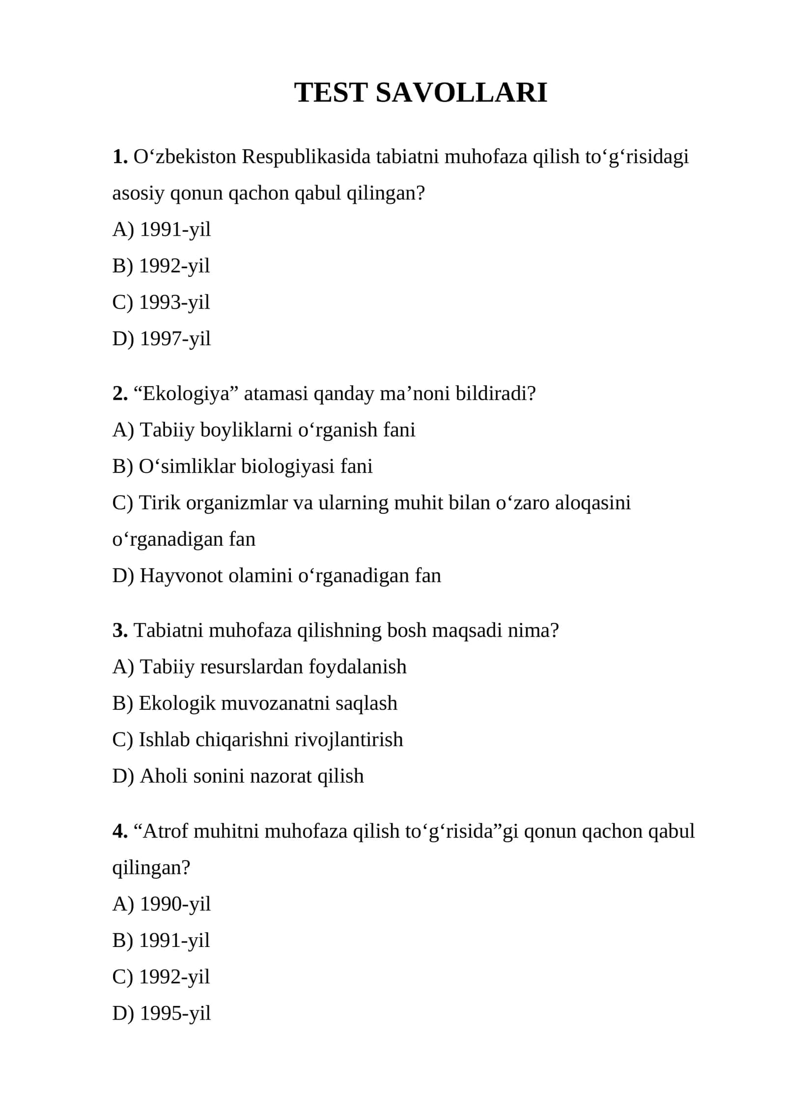 Ekologiya test savollari