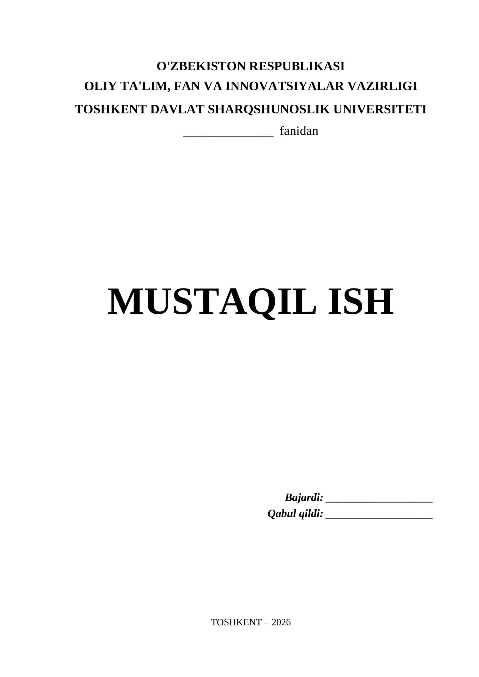 Toshkent Davlat Sharqshunoslik Universiteti Mustaqil Ish Titul Varaq (.docx)