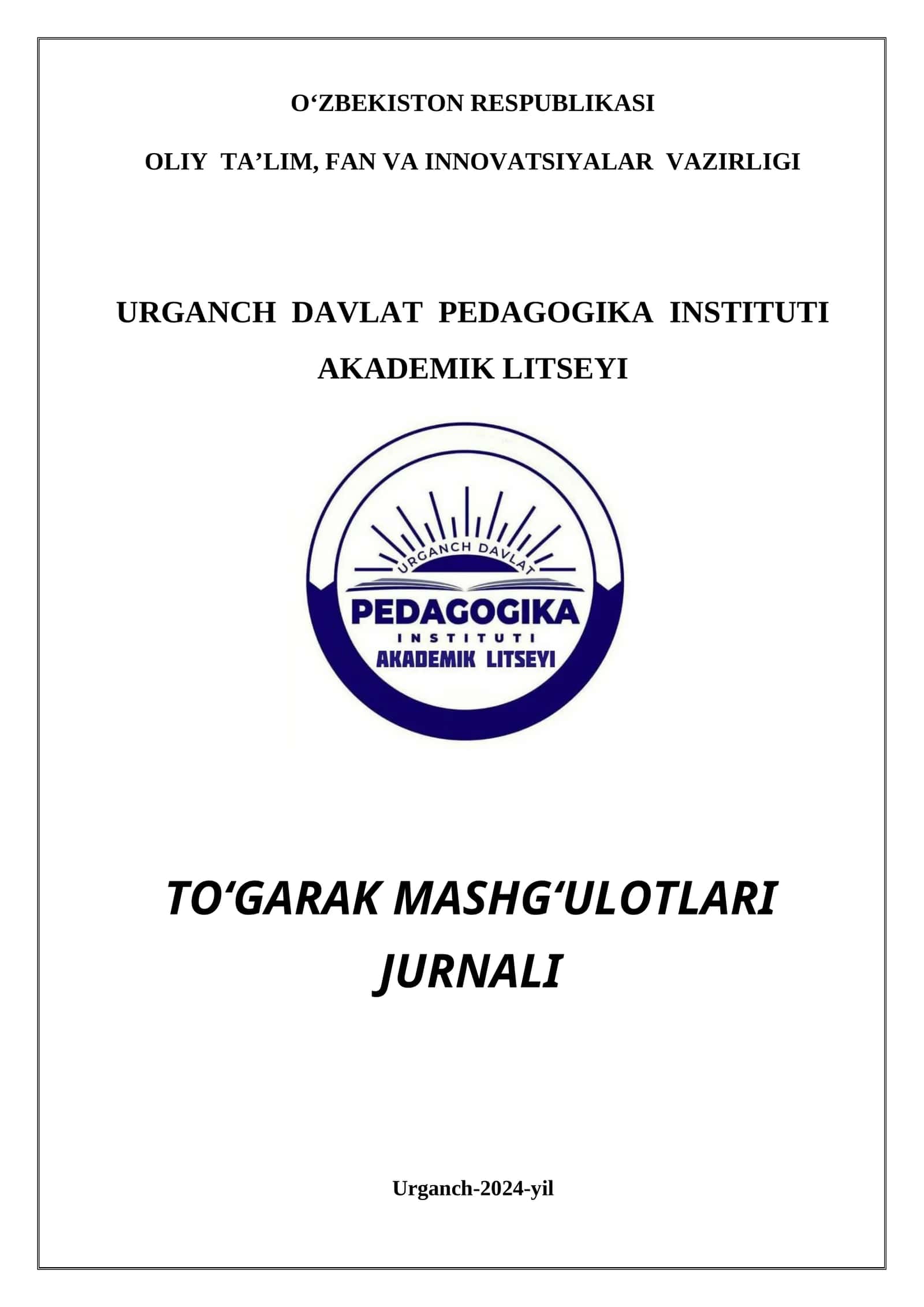 TO‘GARAK MASHG‘ULOTLARI JURNALI