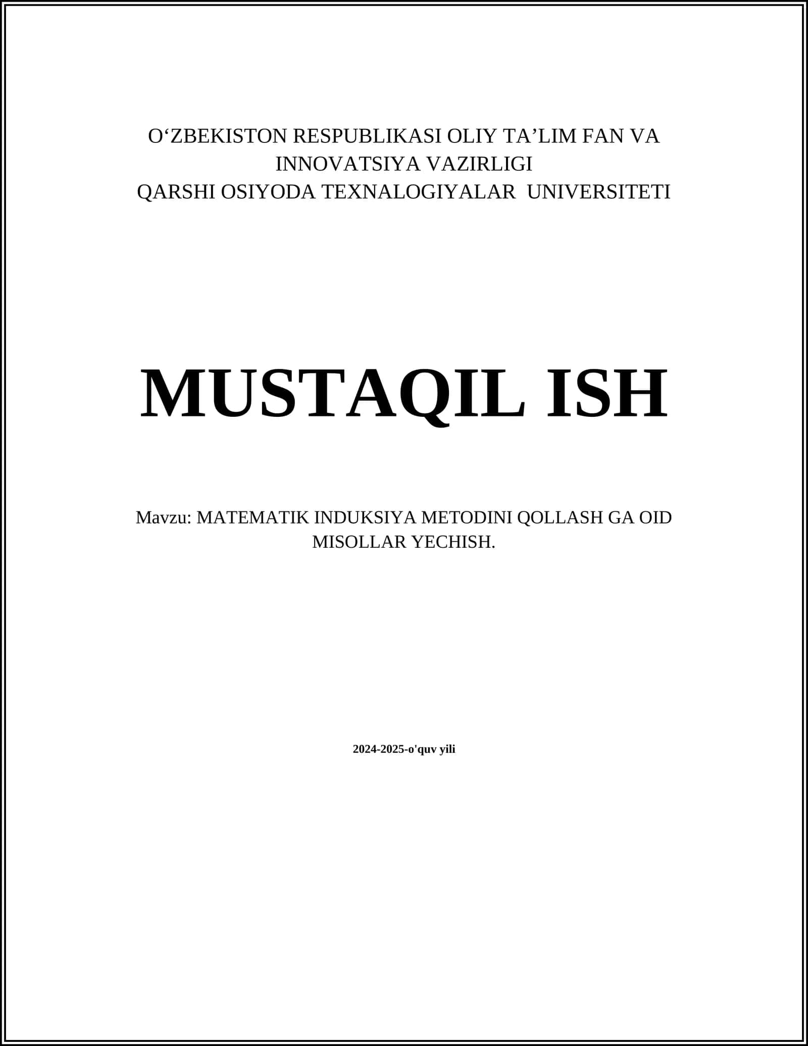 MATEMATIK INDUKSIYA METODINI QOLLASH GA OID MISOLLAR YECHISH