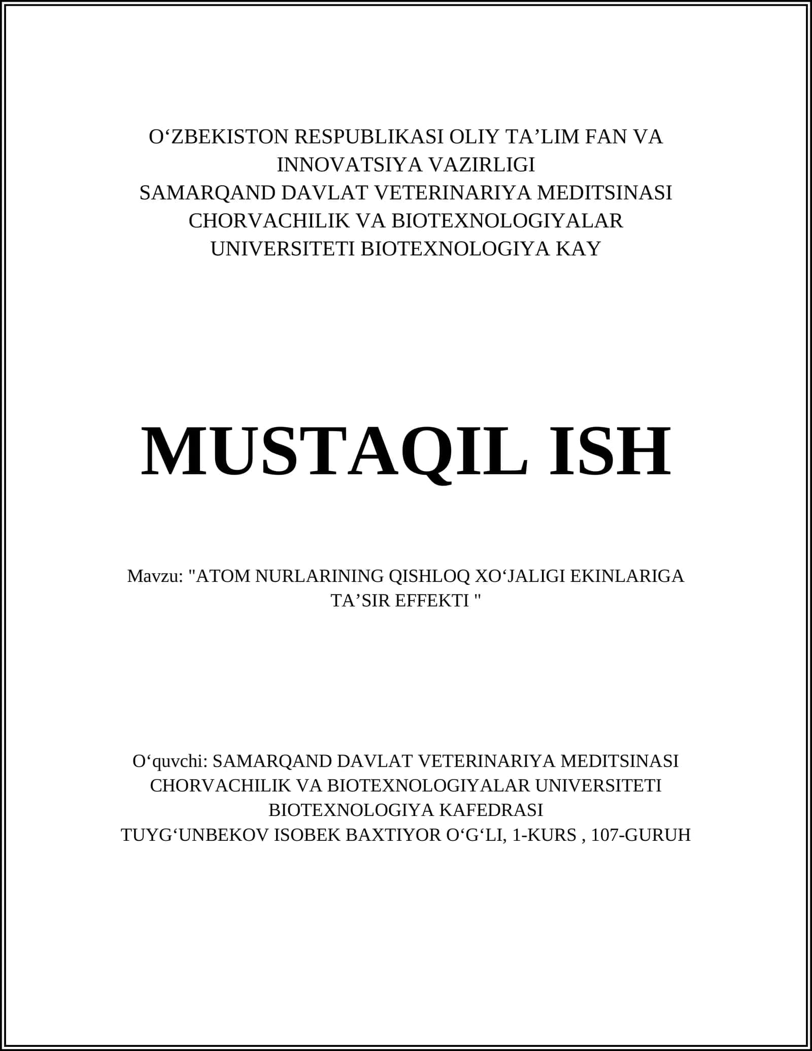 ATOM NURLARINING QISHLOQ XOʻJALIGI EKINLARIGA TAʼSIR EFFEKTI