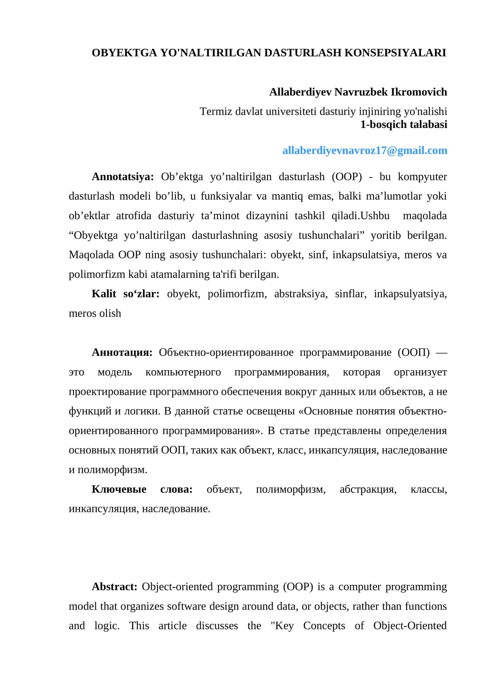 OOP konsepsiyalari mavzusida maqola