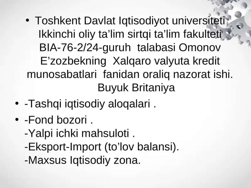 Omonov E’zozbekning Xalqaro valyuta kredit munosabatlari fanidan oraliq nazorat ishi