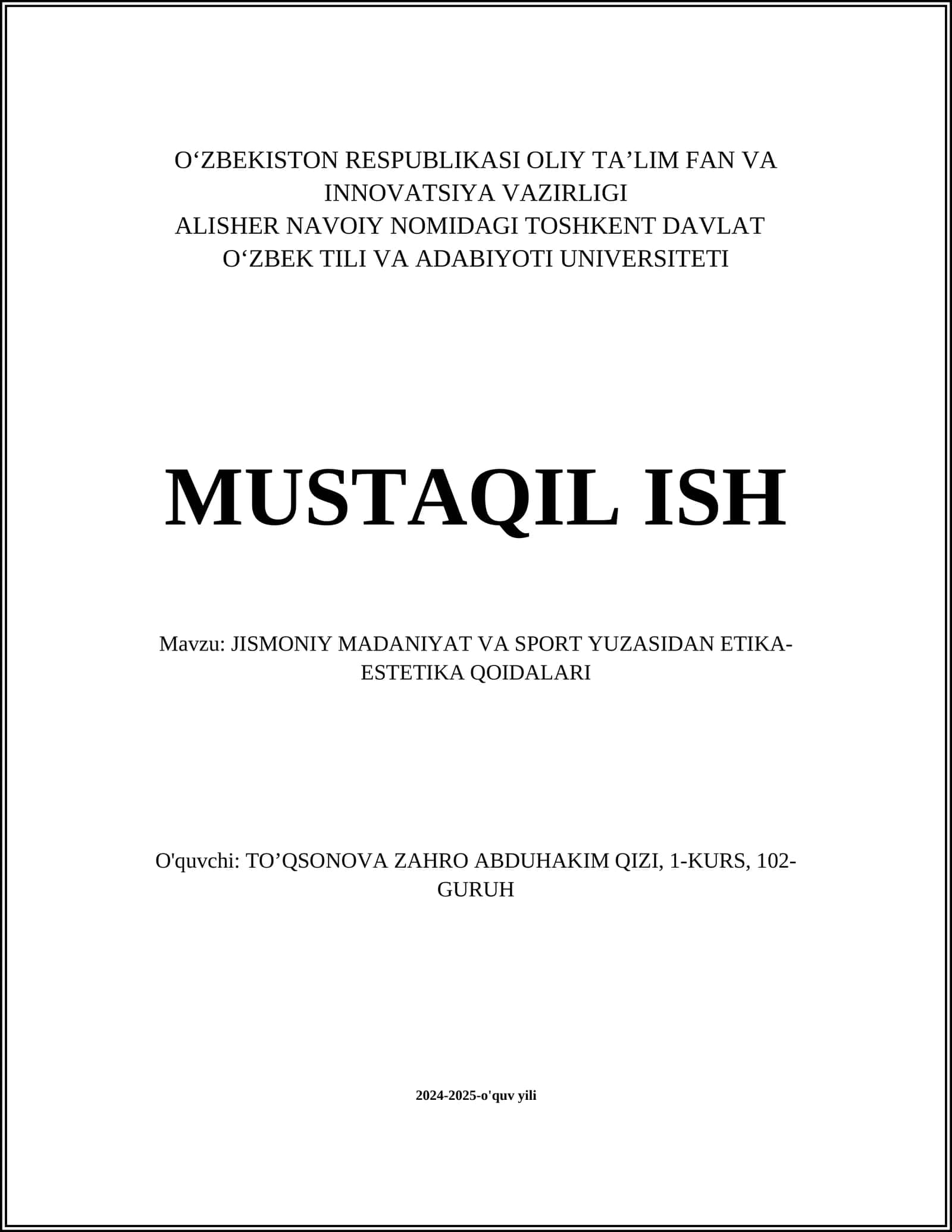 JISMONIY MADANIYAT VA SPORT YUZASIDAN ETIKA-ESTETIKA QOIDALARI