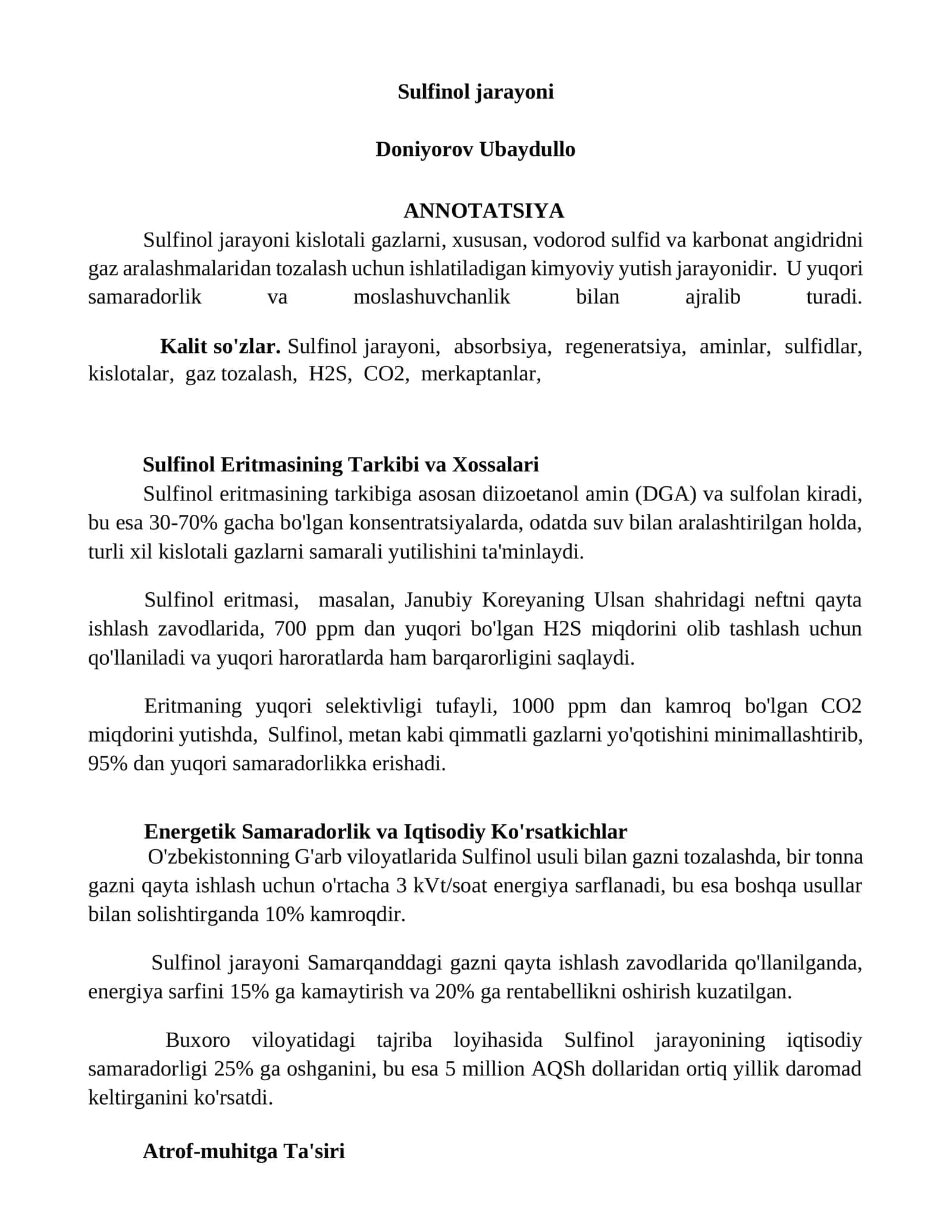 Sulfinol jarayoni