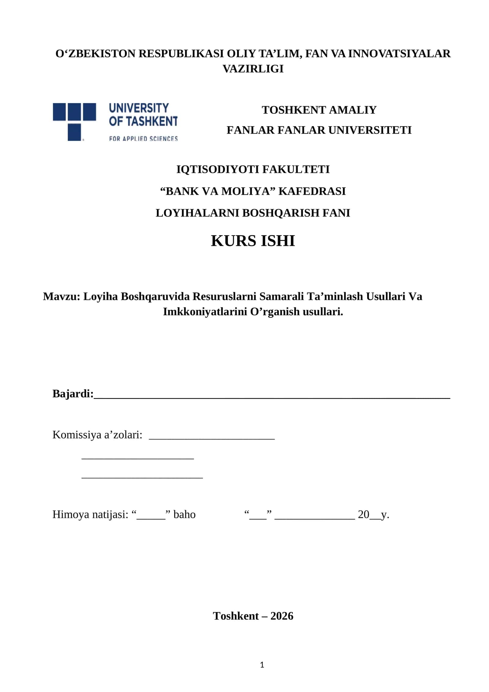 Loyiha Boshqaruvida Resuruslarni Samarali Ta’minlash Usullari Va Imkkoniyatlarini O’rganish usullari