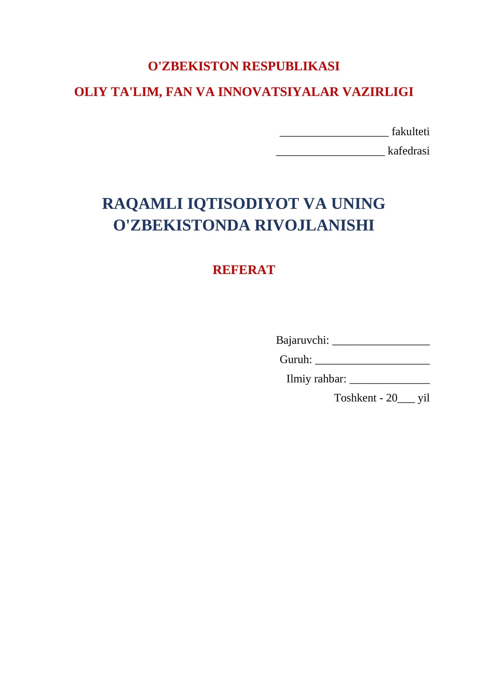 RAQAMLI IQTISODIYOT VA UNING O'ZBEKISTONDA RIVOJLANISHI REFERAT