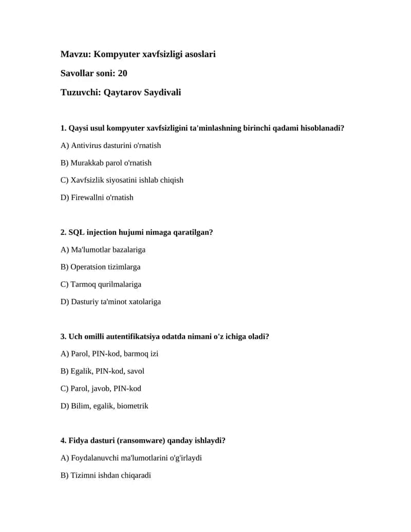 Kompyuter xavfsizligi asoslari