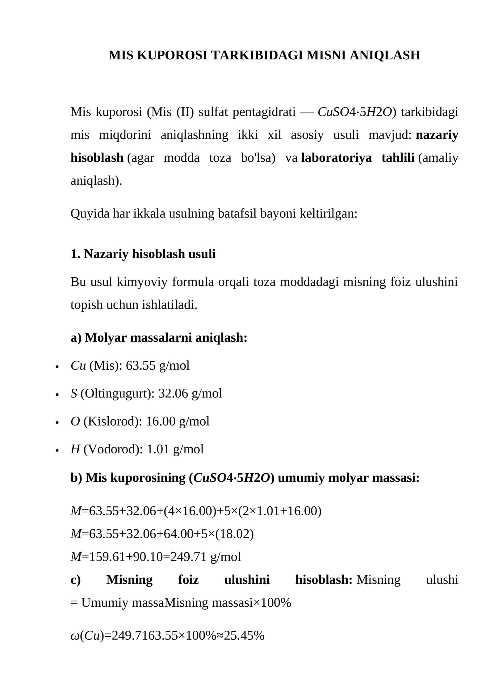 MIS KUPOROSI TARKIBIDAGI MISNI ANIQLASH