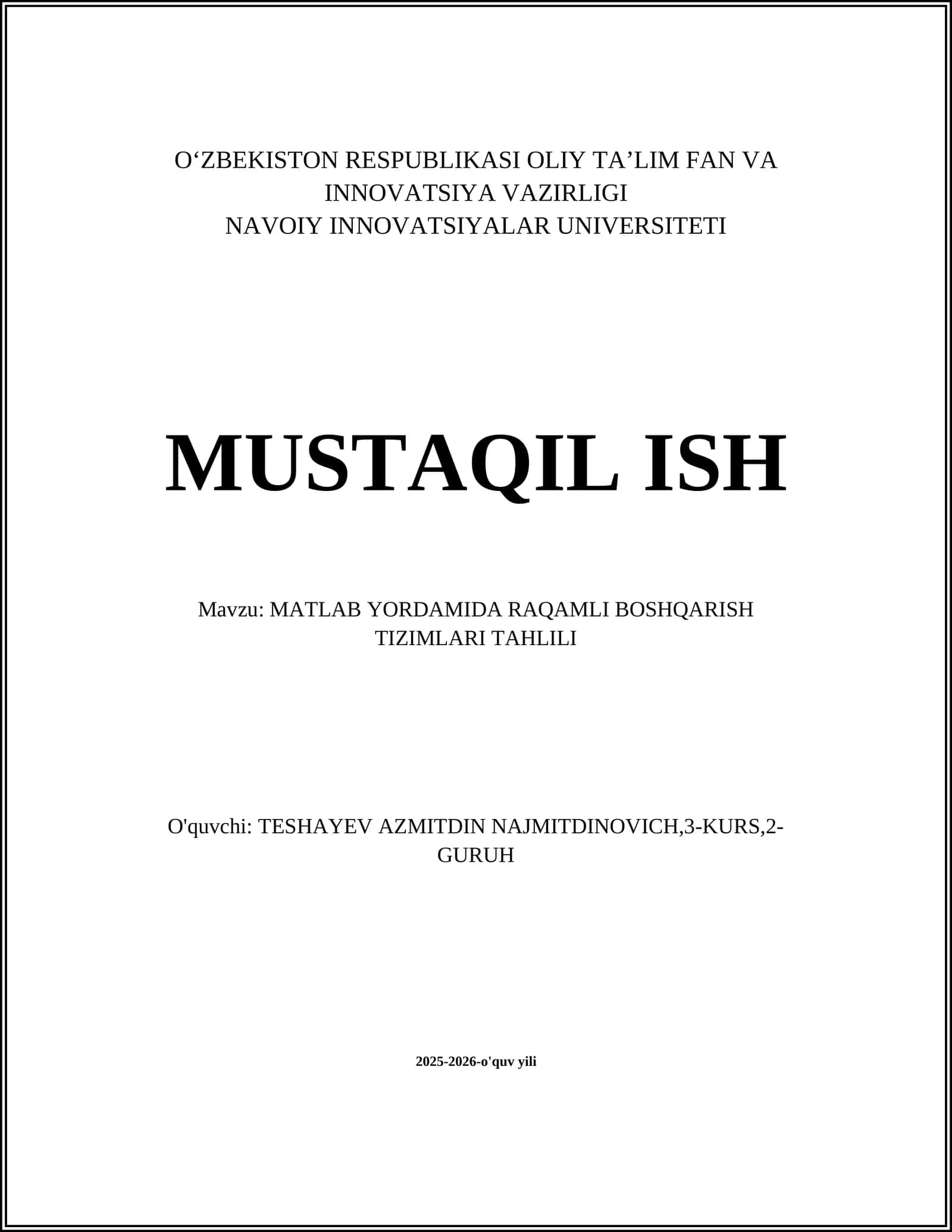 MATLAB YORDAMIDA RAQAMLI BOSHQARISH TIZIMLARI TAHLILI
