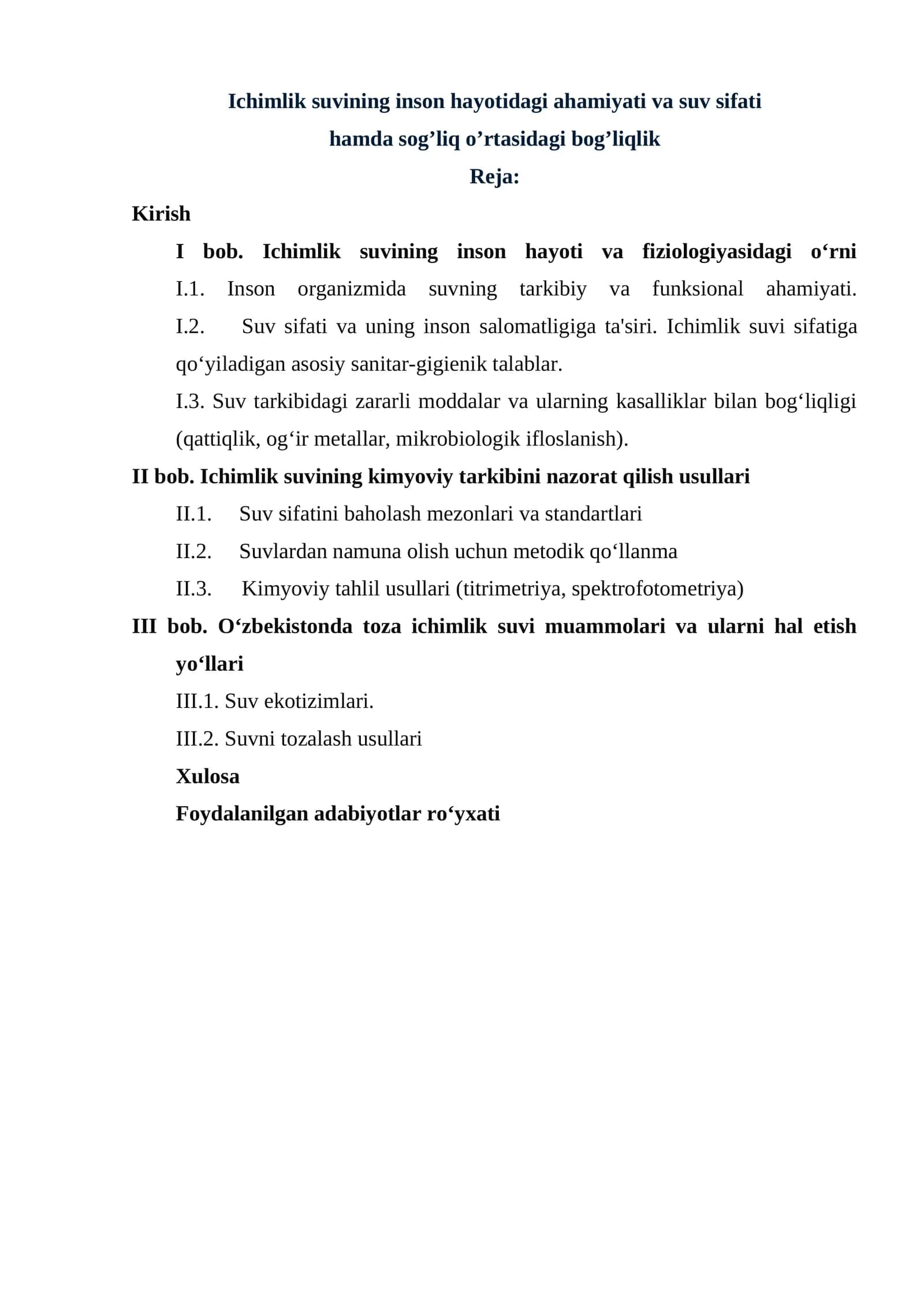 Ichimlik suvining inson hayotidagi ahamiyati va suv sifati hamda sog’liq o’rtasidagi bog’liqlik