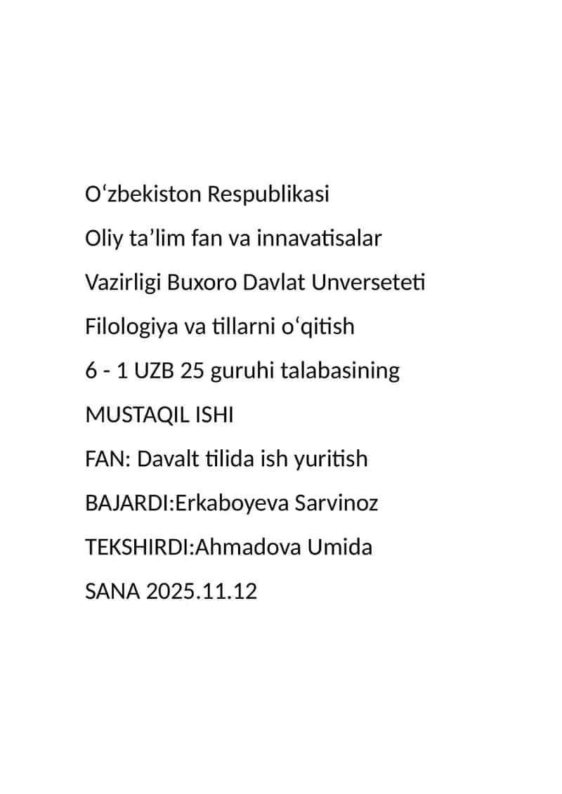 Davlat yilida ish yuritish fanidan mustaqil talim