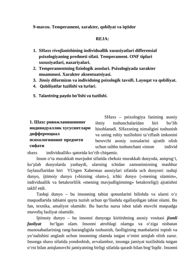 Temperament, xarakter, qobilyat va iqtidor