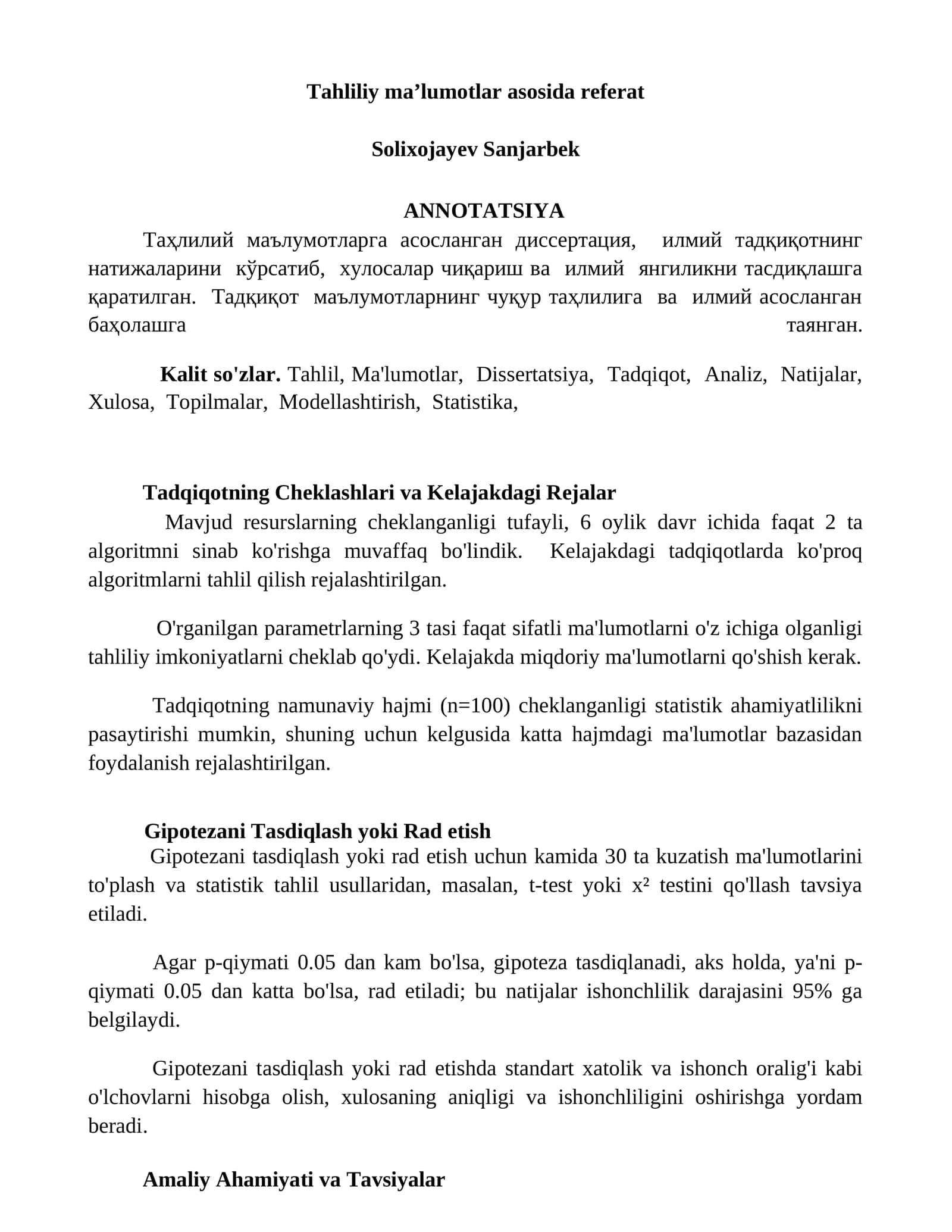 Tahliliy maʼlumotlar asosida referat