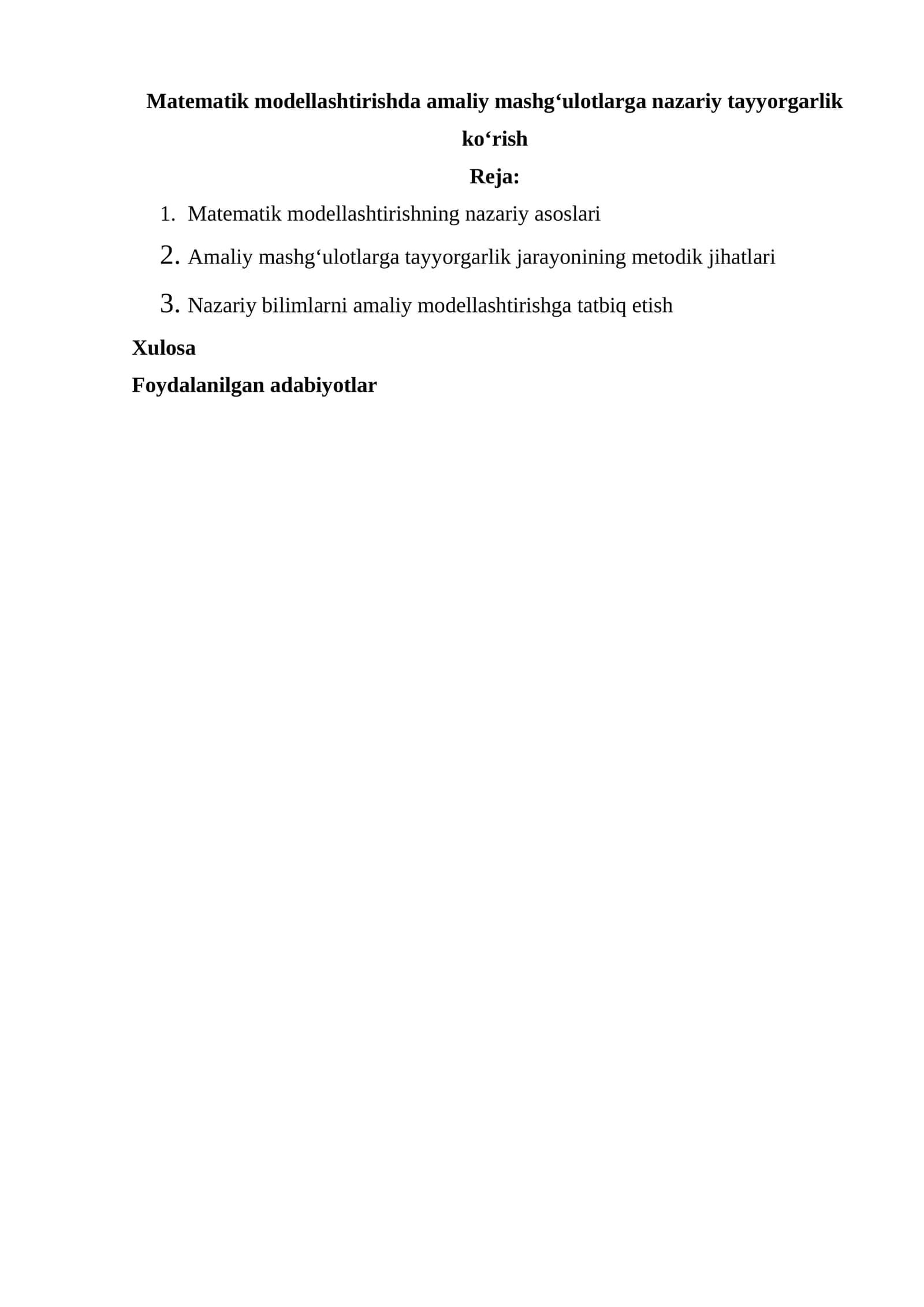 Matematik modellashtirishda amaliy mashg‘ulotlarga nazariy tayyorgarlik ko‘rish