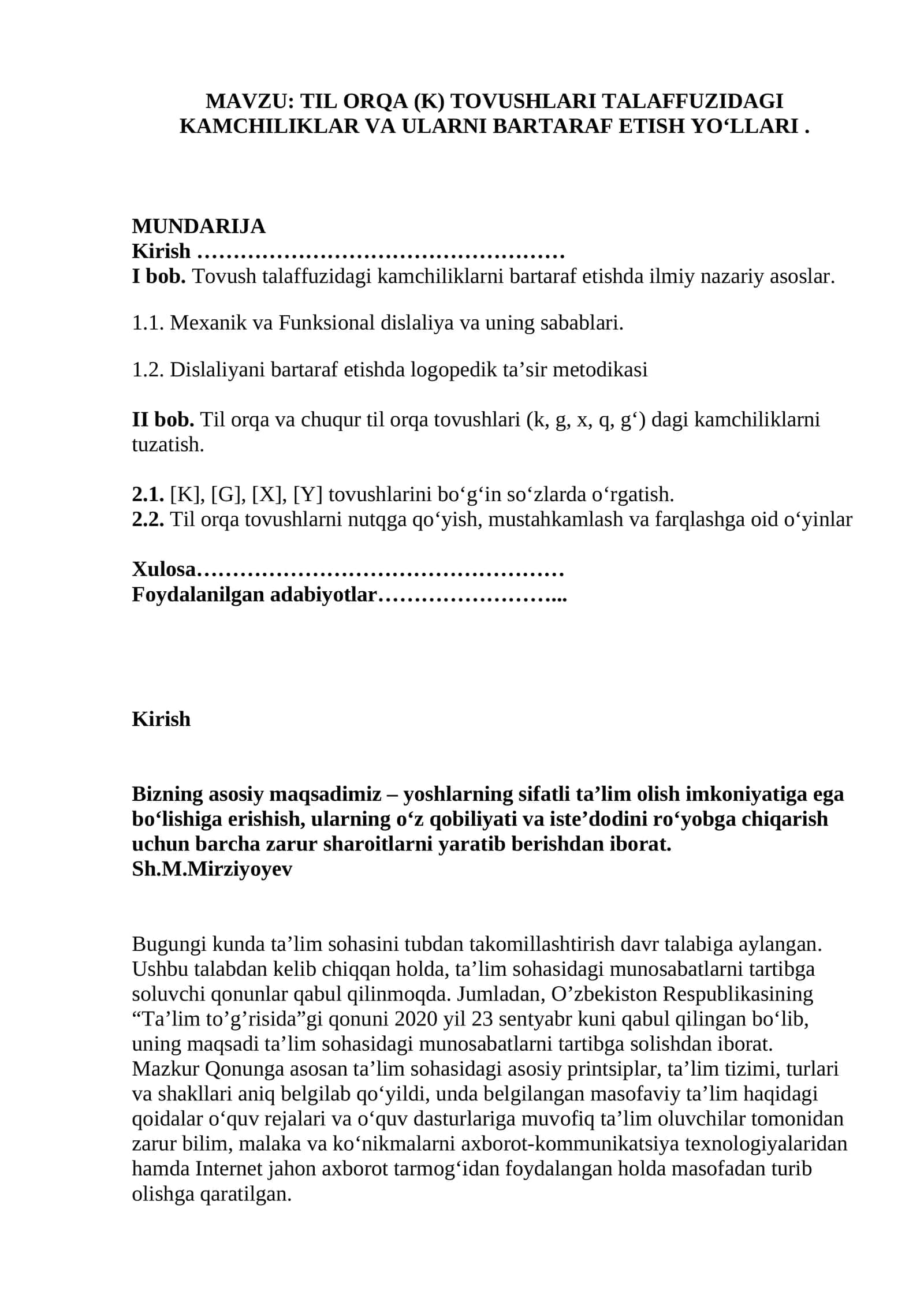TIL ORQA (K) TOVUSHLARI TALAFFUZIDAGI KAMCHILIKLAR VA ULARNI BARTARAF ETISH YO‘LLARI