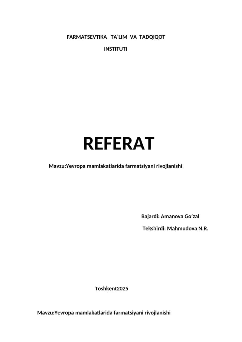 Yevropa mamlakatlarida farmatsiyani rivojlanishi