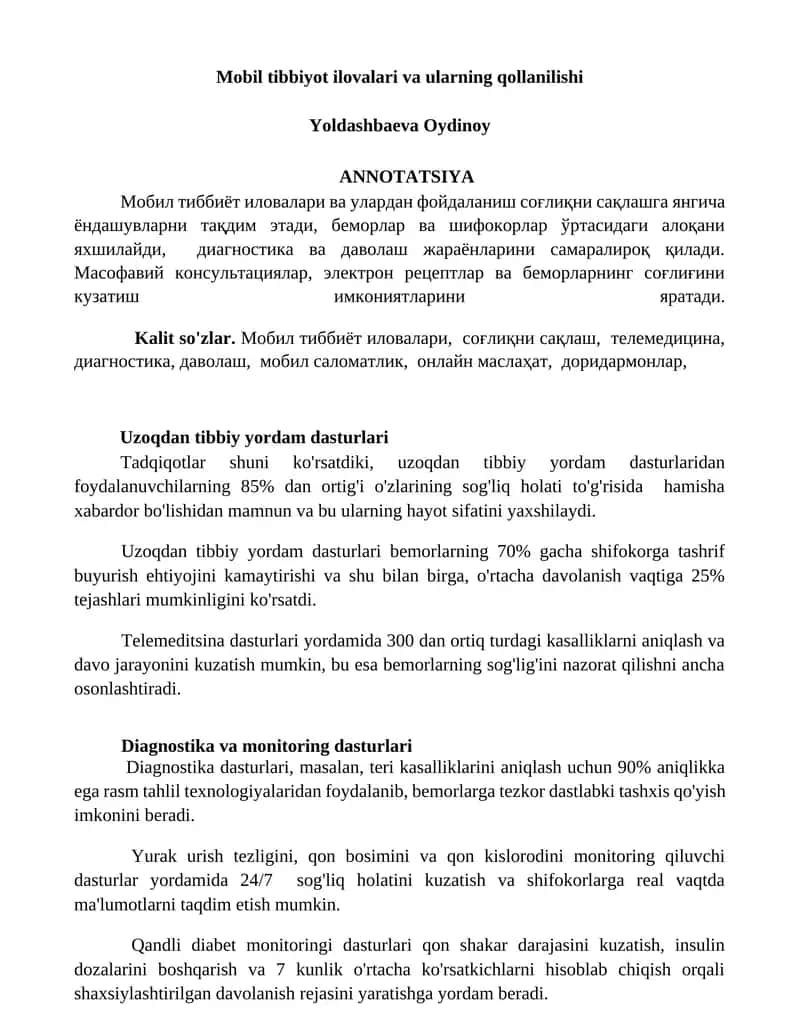 Mobil tibbiyot ilovalari va ularning qollanilishi