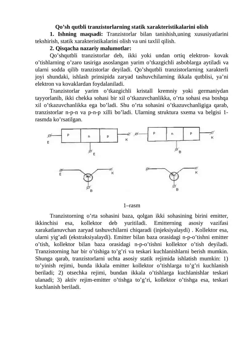 Qo’sh qutbli trаnzistоrlаrning stаtik хаrаktеristikаlаrini оlish