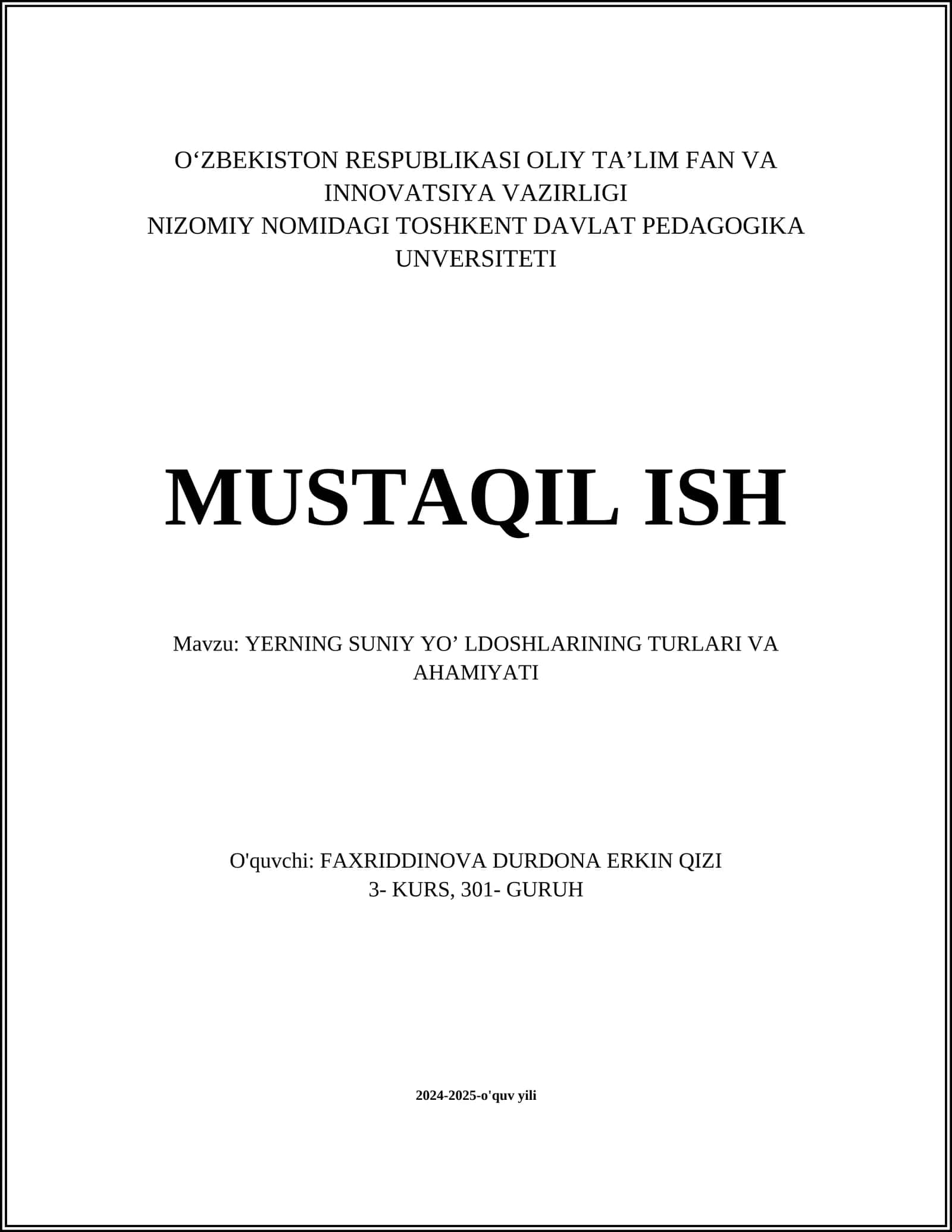 YERNING SUNIY YO’ LDOSHLARINING TURLARI VA AHAMIYATI