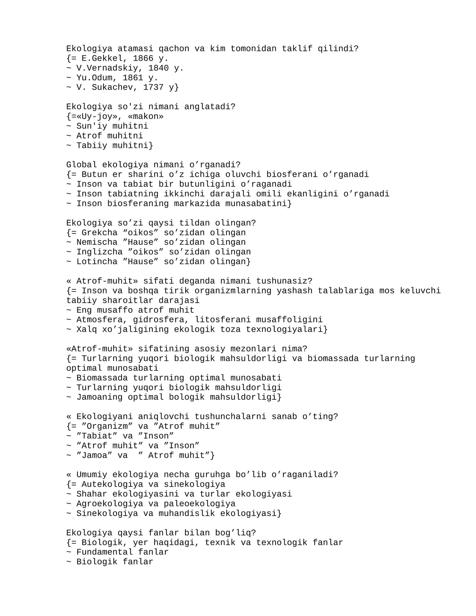 Ekologiya haqida test savollar