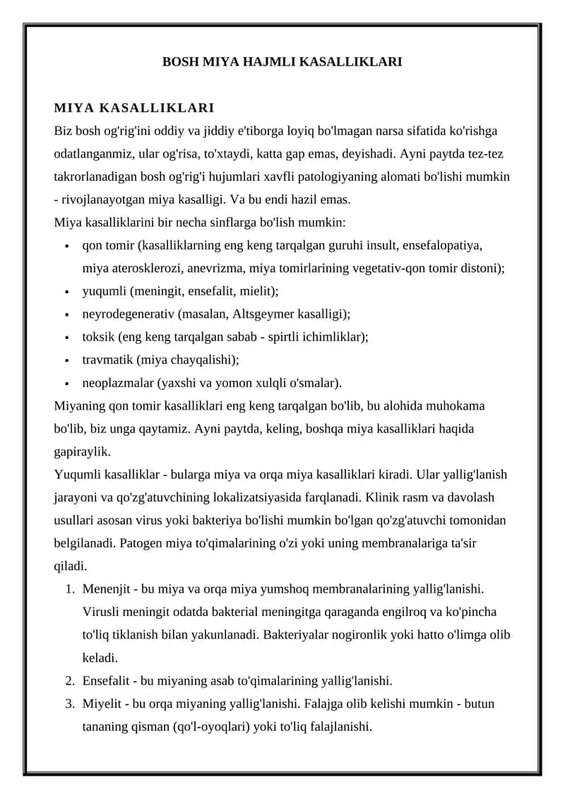 BOSH MIYA HAJMLI KASALLIKLARI