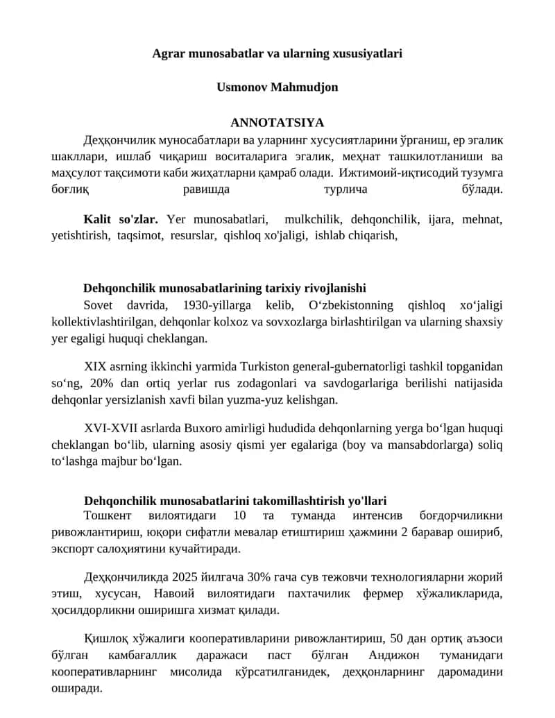 Agrar munosabatlar va ularning xususiyatlari